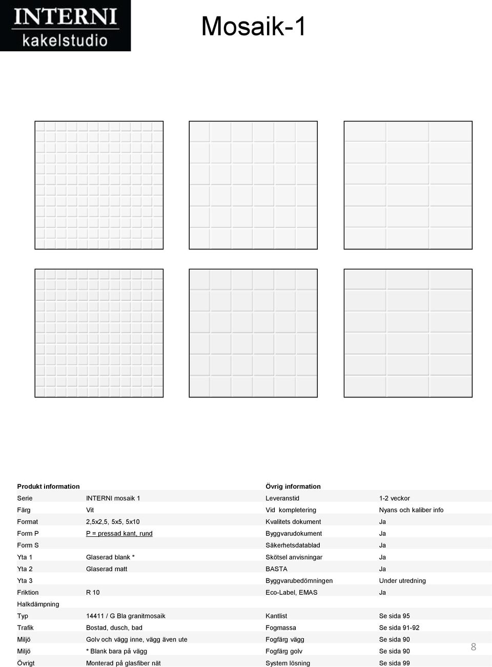 Byggvarubedömningen Under utredning Friktion R 10 Eco-Label, EMAS Ja Typ 14411 / G Bla granitmosaik Kantlist Se sida 95 Trafik Bostad, dusch, bad Fogmassa Se sida