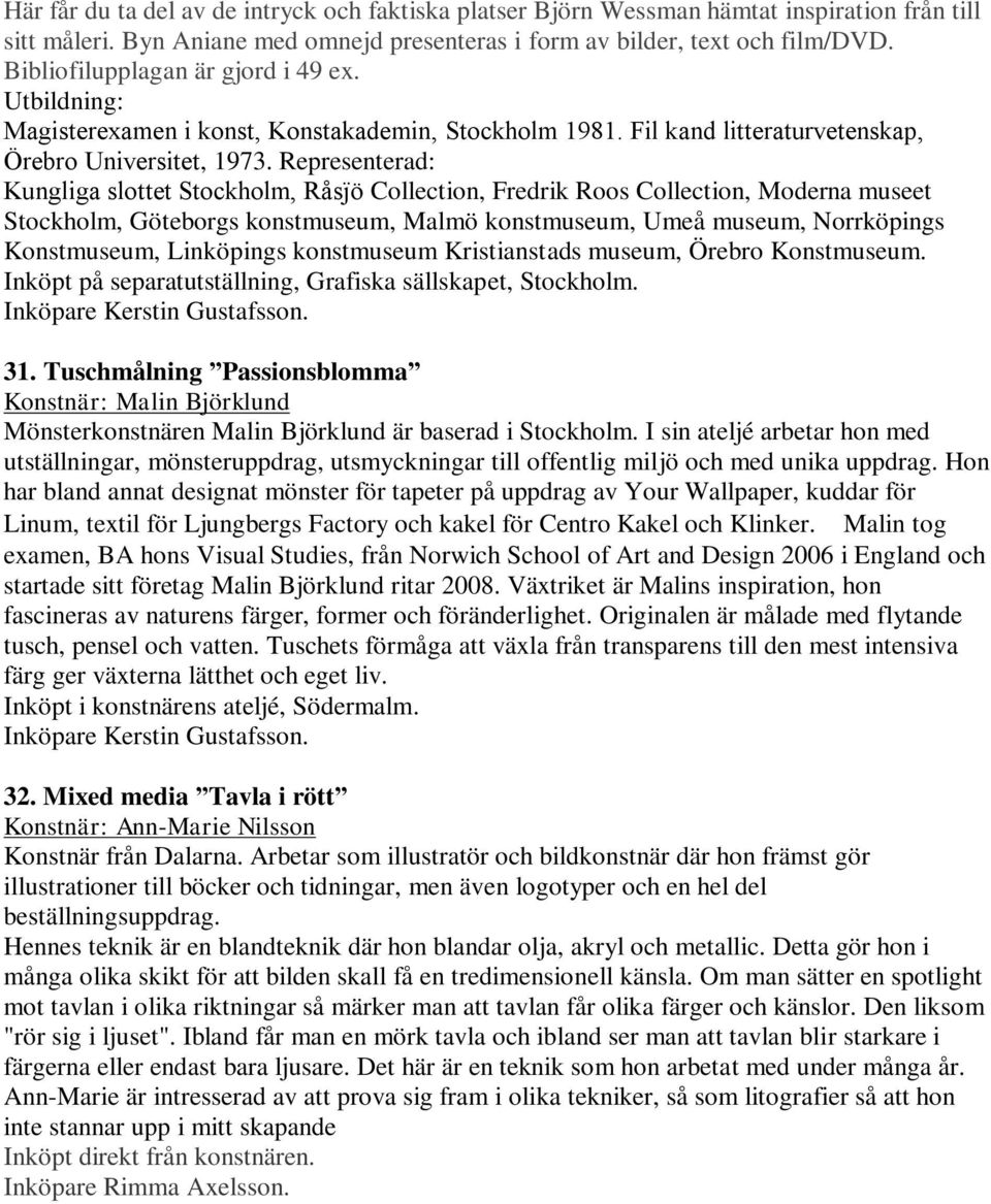 Representerad: Kungliga slottet tockholm, Rås ö Collection, Fredrik Roos Collection, Moderna museet Stockholm, Göteborgs konstmuseum, Malmö konstmuseum, Umeå museum, Norrköpings Konstmuseum,