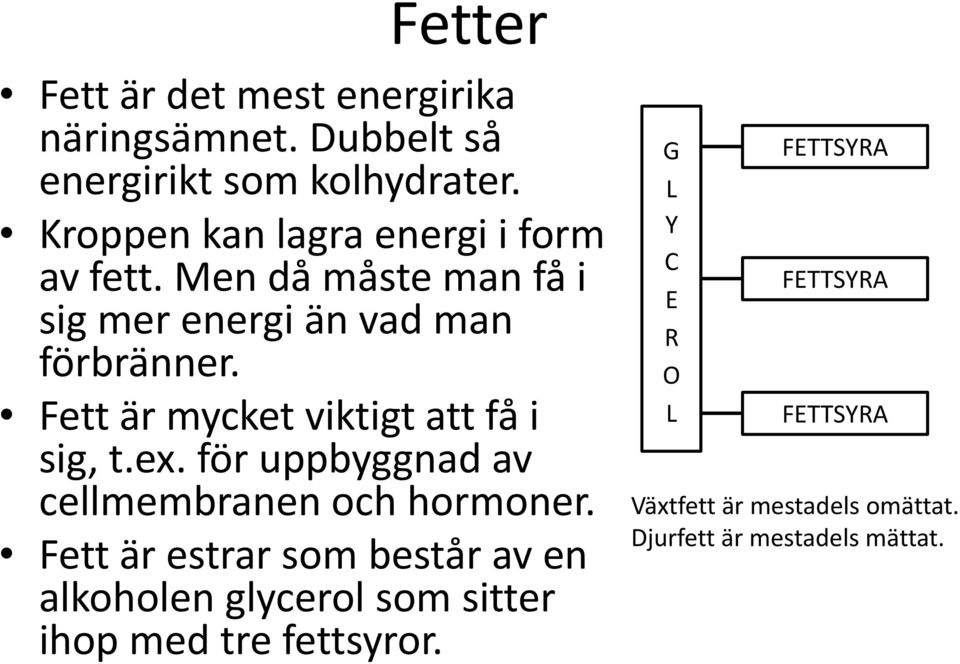 Fett är mycket viktigt att få i sig, t.ex. för uppbyggnad av cellmembranen och hormoner.