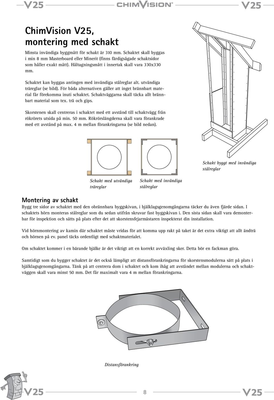 För båda alternativen gäller att inget brännbart material får förekomma inuti schaktet. Schaktväggarna skall täcka allt brännbart material som tex. trä och gips.