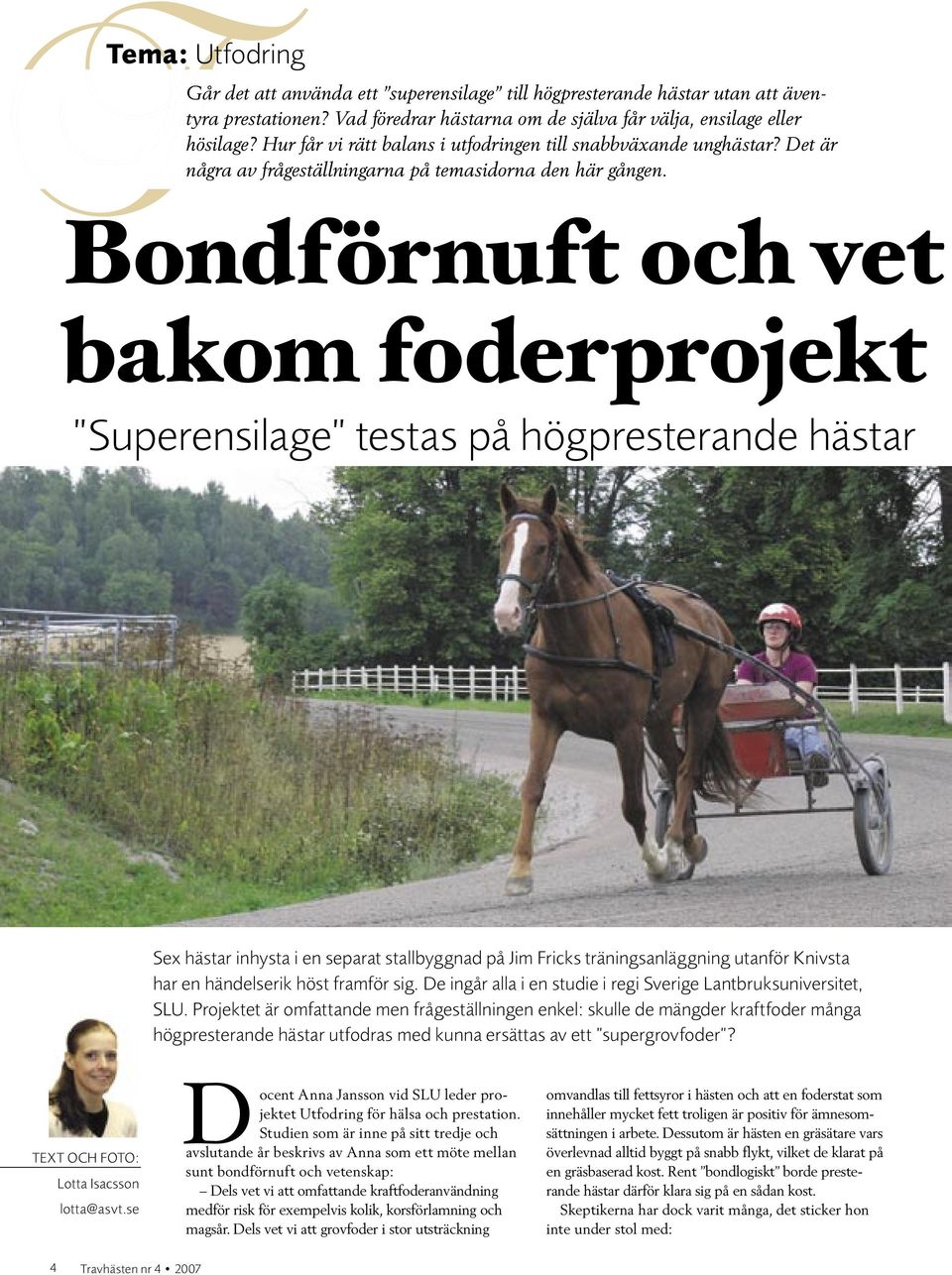 Bondförnuft och vet bakom foderprojekt Superensilage testas på högpresterande hästar Sex hästar inhysta i en separat stallbyggnad på Jim Fricks träningsanläggning utanför Knivsta har en händelserik