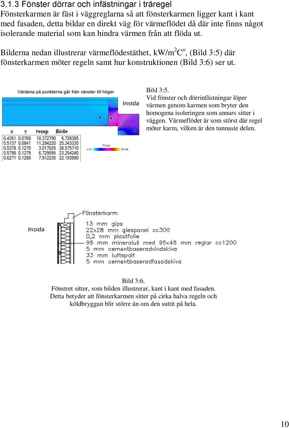 Bilderna nedan illustrerar värmeflödestäthet, kw/m 2 C o, (Bild 3:5) där fönsterkarmen möter regeln samt hur konstruktionen (Bild 3:6) ser ut. Bild 3:5.