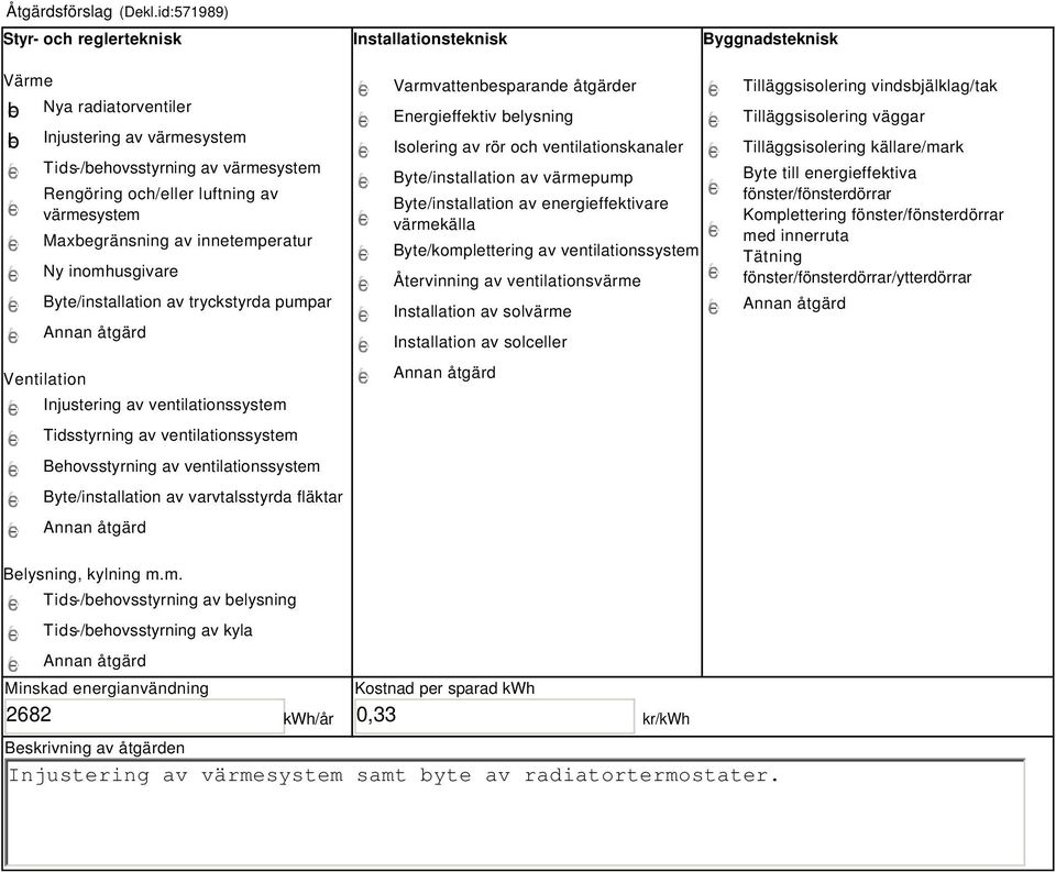 värmesystem Maxbegränsning av innetemperatur Ny inomhusgivare Byte/installation av tryckstyrda pumpar Annan åtgärd Ventilation Injustering av ventilationssystem Tidsstyrning av ventilationssystem