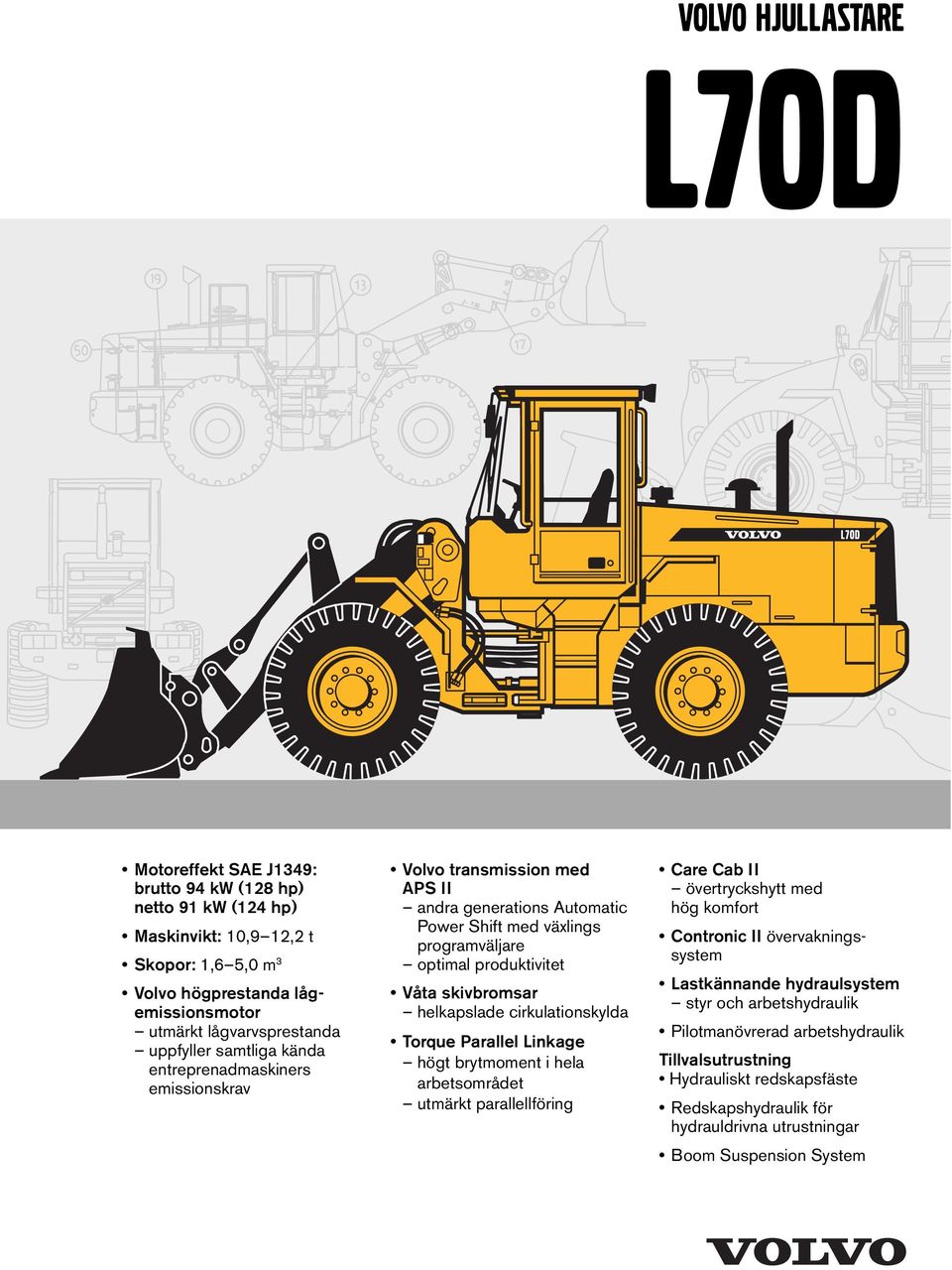 skivbromsar helkapslade cirkulationskylda Torque Parallel Linkage högt brytmoment i hela arbetsområdet utmärkt parallellföring Care Cab II övertryckshytt med hög komfort Contronic II