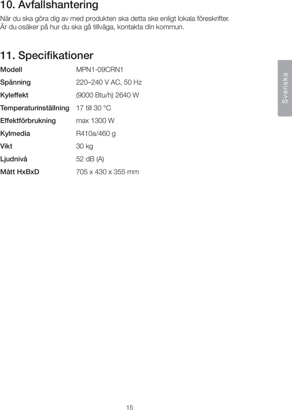 Specifikationer Modell MPN1-09CRN1 Spänning 220 240 V AC, 50 Hz Kyleffekt (9000 Btu/h) 2640 W