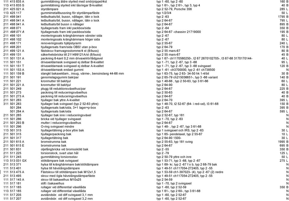 A ledbultsats/bil, bussn, nållager, tätn o lock typ 2 64-67 795 L 211 498 041 A ledbultsats/bil bussn o nållager typ 2 64-67 895 B 211 498 071 hjullagersats fram inkl packbox/sida typ 2-64 350 B 211