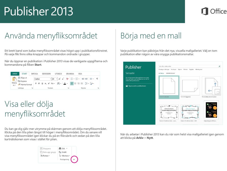 När du öppnar en publikation i Publisher 2013 visas de vanligaste uppgifterna och kommandona på fliken Start.