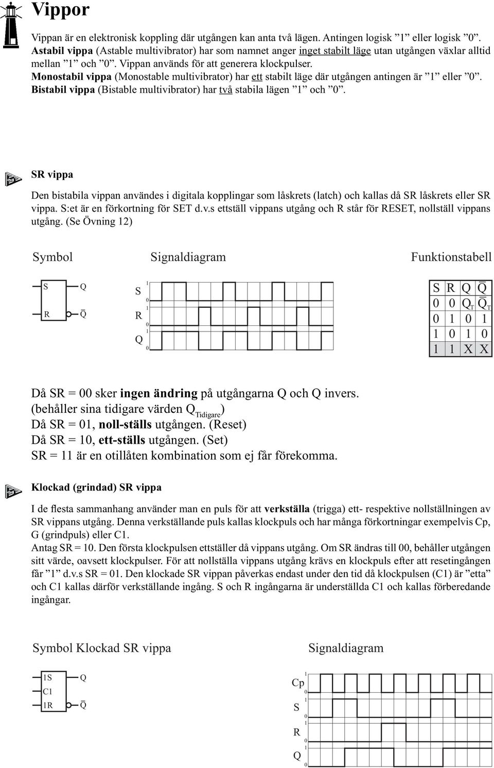 Monostabil vippa (Monostable multivibrator) har ett stabilt läge där utgången antingen är eller. Bistabil vippa (Bistable multivibrator) har två stabila lägen och.