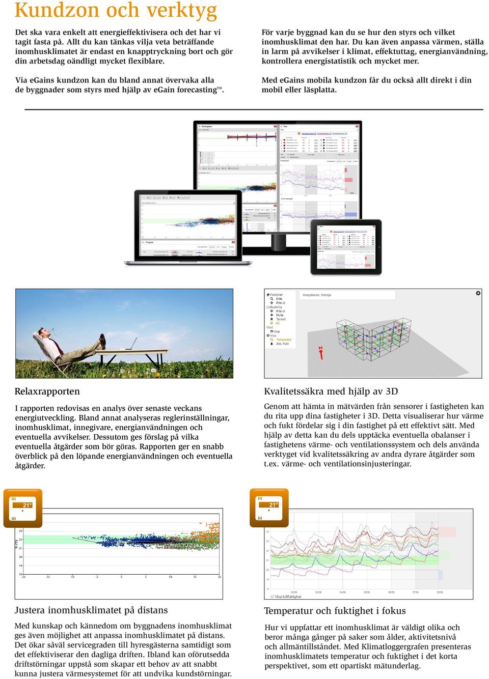 Via egains kundzon kan du bland annat övervaka alla de byggnader som styrs med hjälp av egain forecasting. För varje byggnad kan du se hur den styrs och vilket inomhusklimat den har.