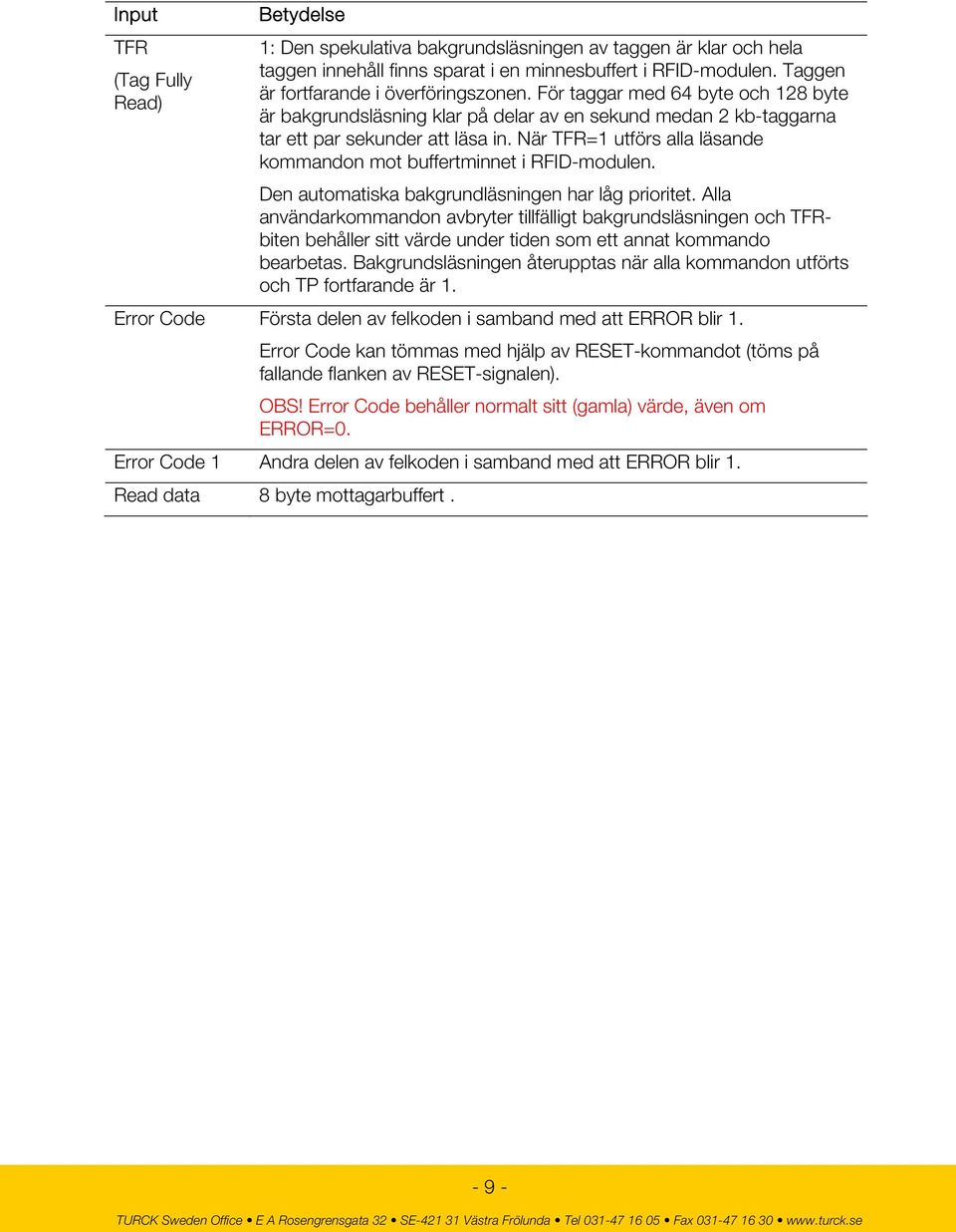 När TFR=1 utförs alla läsande kommandon mot buffertminnet i RFID-modulen. Den automatiska bakgrundläsningen har låg prioritet.