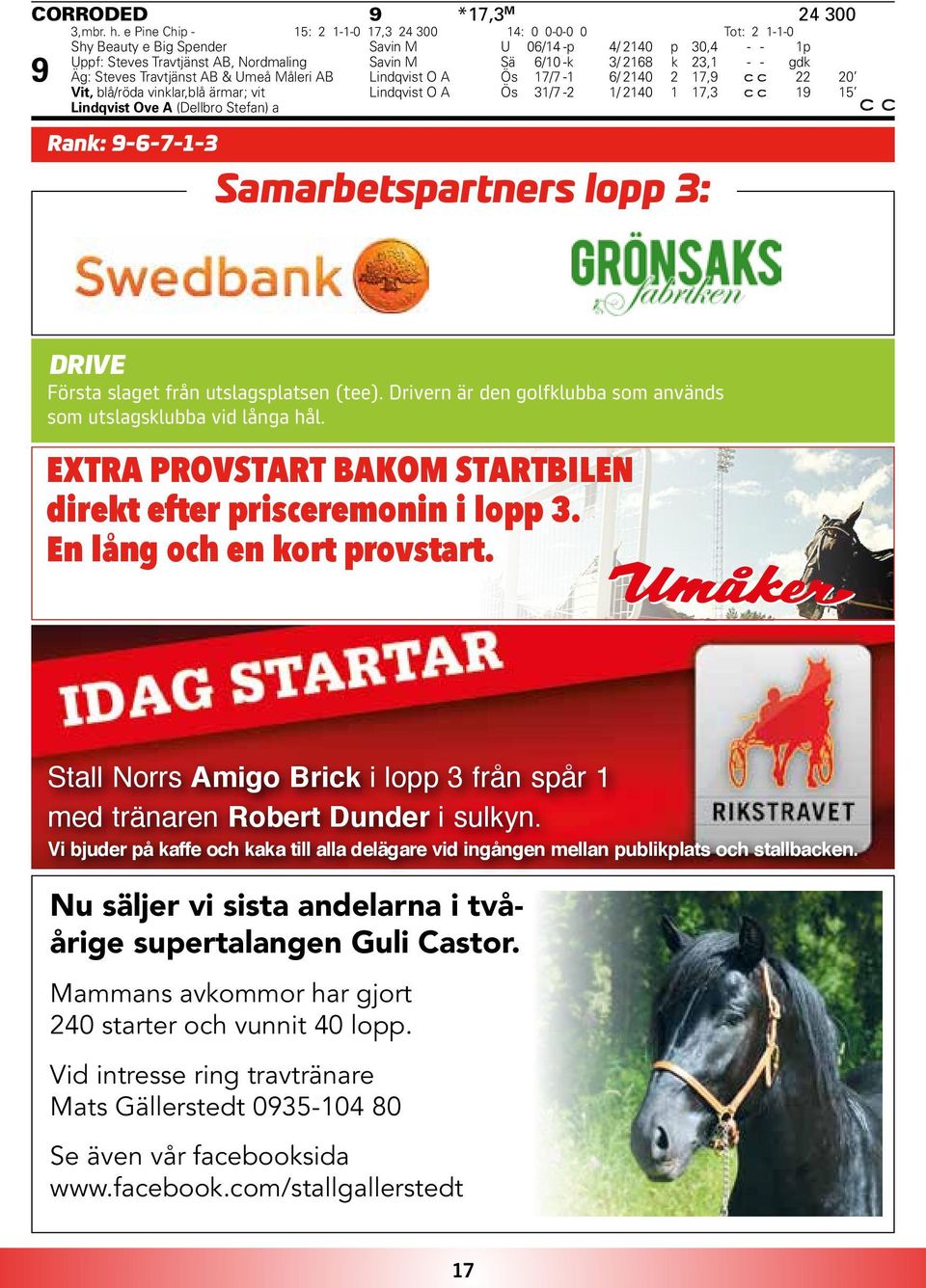 23,1 - - gdk 9 Äg: Steves Travtjänst AB & Umeå Måleri AB Lindqvist O A Ös 17/7-1 6/ 2140 2 17,9 22 20 Vit, blå/röda vinklar,blå ärmar; vit Lindqvist O A Ös 31/7-2 1/ 2140 1 17,3 19 15 Lindqvist Ove A