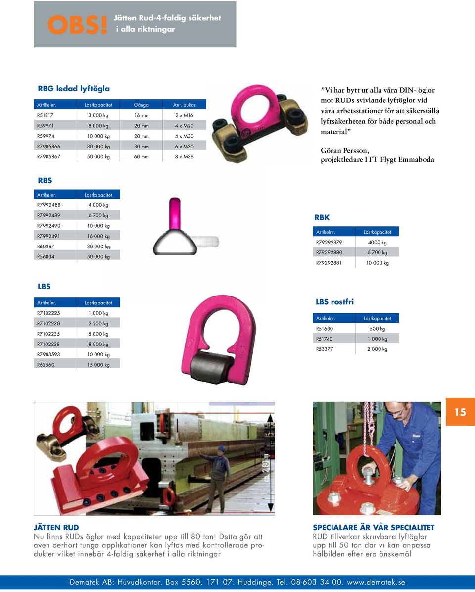 mot RUDs svivlande lyftöglor vid våra arbetsstationer för att säkerställa lyftsäkerheten för både personal och material Göran Persson, projektledare ITT Flygt Emmaboda RBS Lastkapacitet R7992488 4