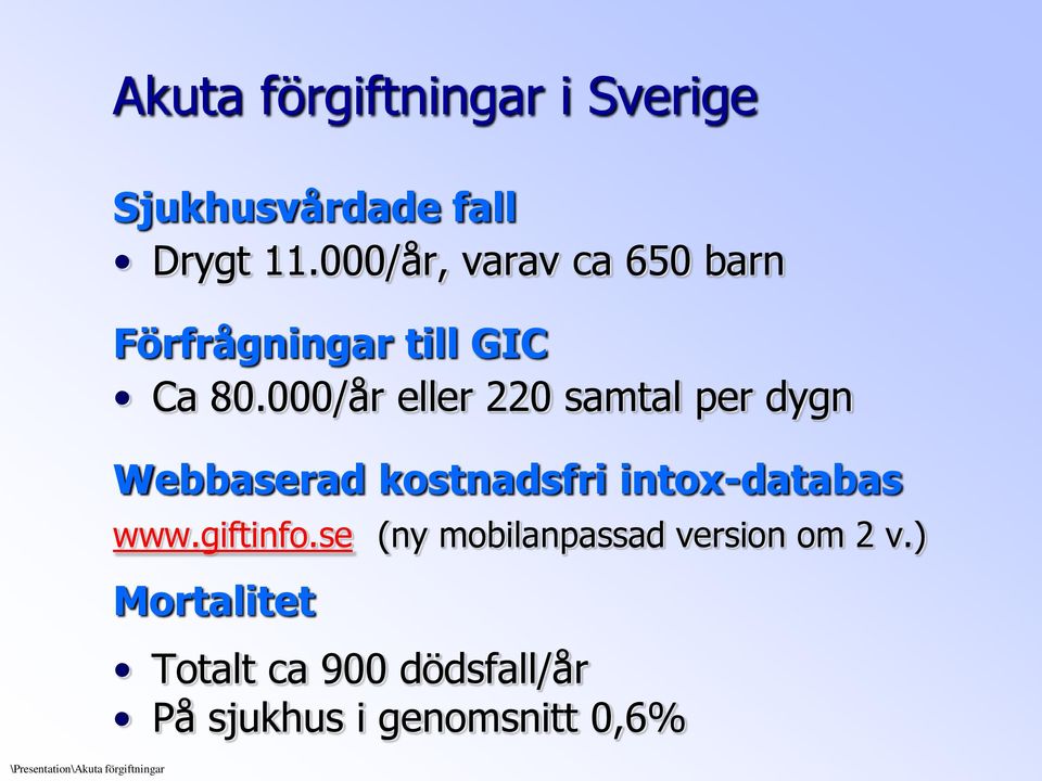 000/år eller 220 samtal per dygn Webbaserad kostnadsfri intox-databas www.giftinfo.