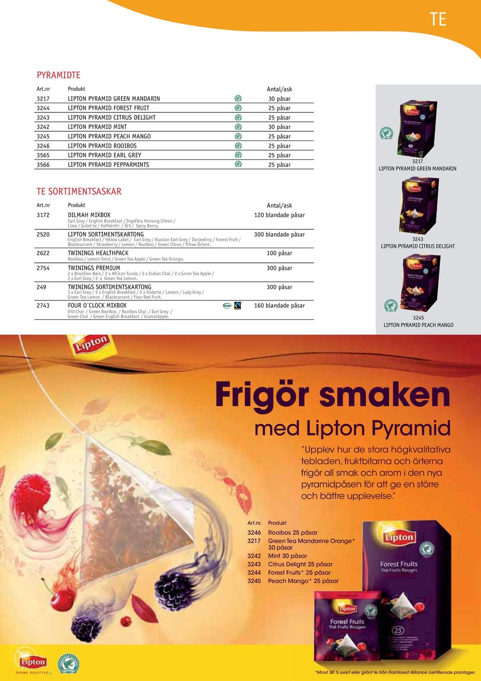 PYRAMID PEACH MANGO 25 påsar 3246 LIPTON PYRAMID ROOIBOS 25 påsar 3565 LIPTON PYRAMID EARL GREY 25 påsar 3566 LIPTON PYRAMID PEPPARMINTS 25 påsar TE SORTIMENTSASKAR Art.