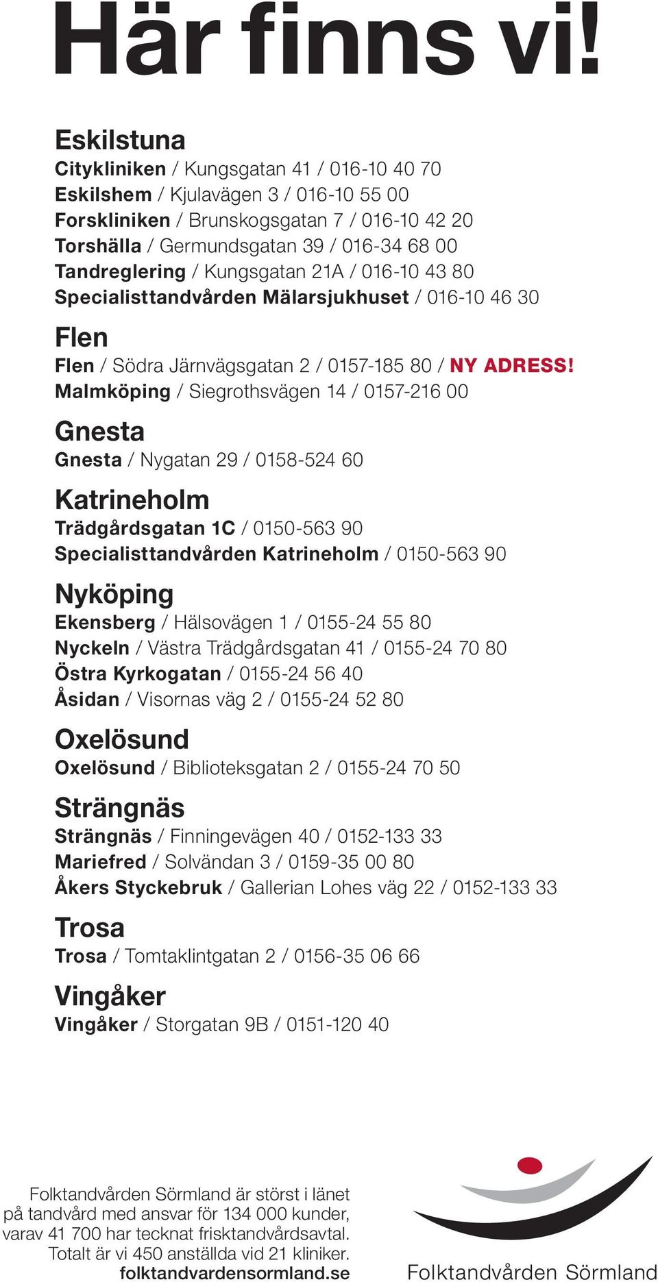 / Kungsgatan 21A / 016-10 43 80 Specialisttandvården Mälarsjukhuset / 016-10 46 30 Flen Flen / Södra Järnvägsgatan 2 / 0157-185 80 / NY ADRESS!