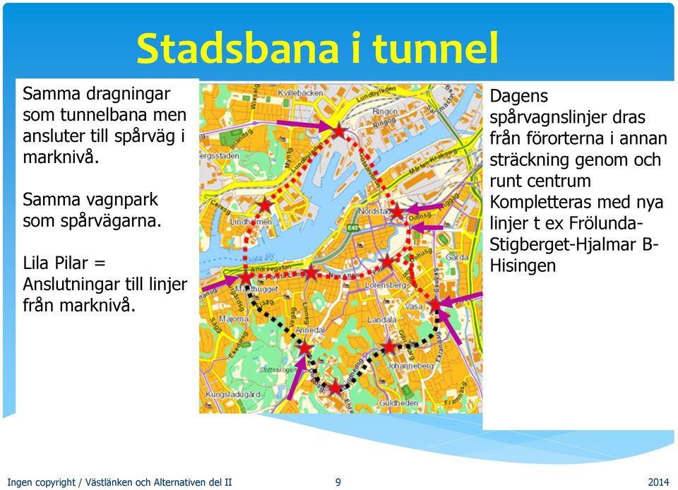 Dagens spårvagnslinjer dras från förorterna i annan sträckning genom och runt centrum