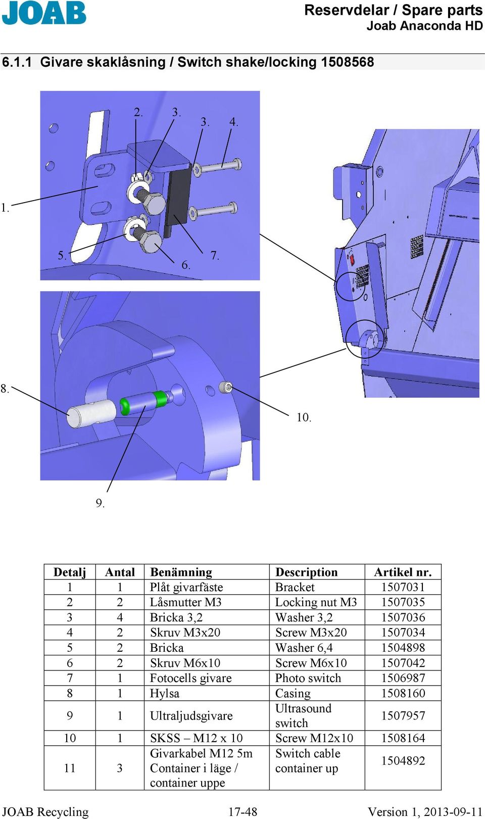 2 Bricka Washer 6,4 1504898 6 2 Skruv M6x10 Screw M6x10 1507042 7 1 Fotocells givare Photo switch 1506987 8 1 Hylsa Casing 1508160 9 1