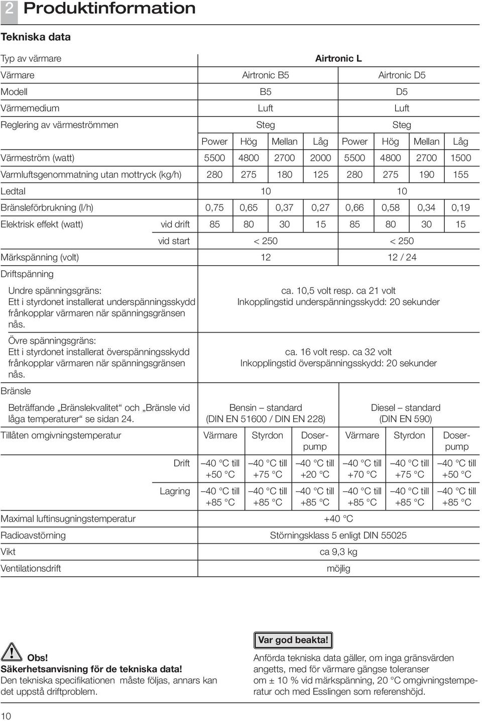 Övre spänningsgräns: Ett i styrdonet installerat överspänningsskydd frånkopplar värmaren när spänningsgränsen nås. Bränsle Beträffande Bränslekvalitet och Bränsle vid låga temperaturer se sidan 24.