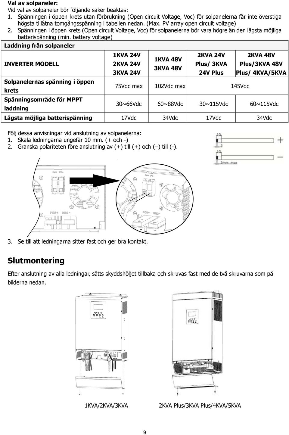 Spänningen i öppen krets (Open circuit Voltage, Voc) för solpanelerna bör vara högre än den lägsta möjliga batterispänning (min.