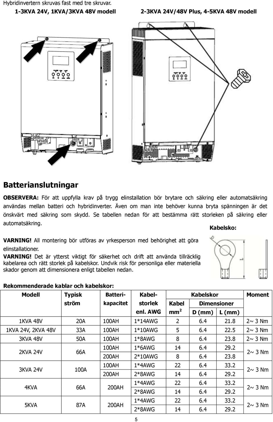 användas mellan batteri och hybridinverter. Även om man inte behöver kunna bryta spänningen är det önskvärt med säkring som skydd.