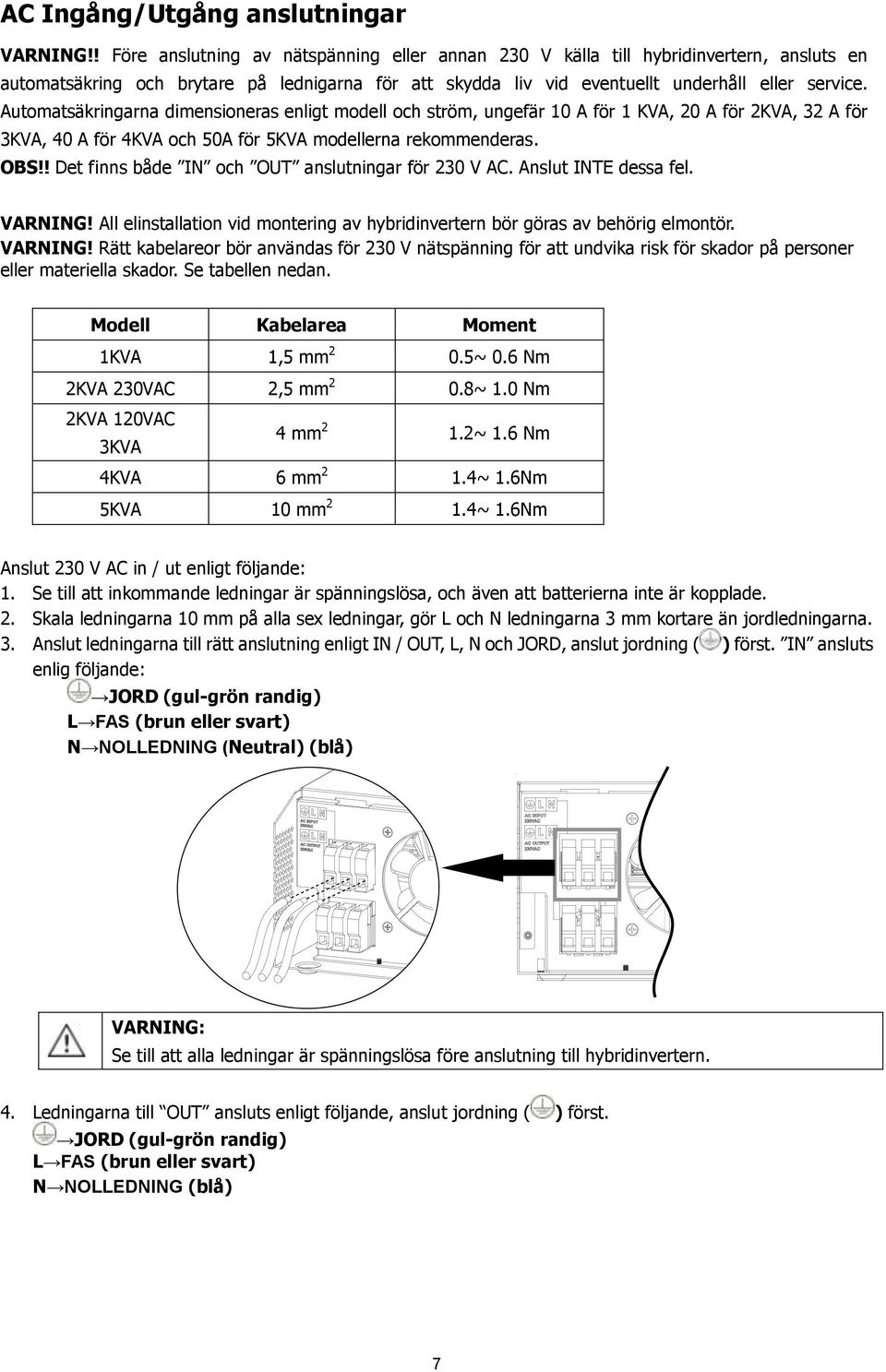 Automatsäkringarna dimensioneras enligt modell och ström, ungefär 10 A för 1 KVA, 20 A för 2KVA, 32 A för 3KVA, 40 A för 4KVA och 50A för 5KVA modellerna rekommenderas. OBS!