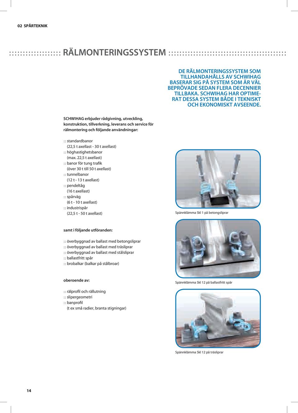 Schwihag erbjuder rådgivning, utveckling, konstruktion, tillverkning, leverans och service för rälmontering och följande användningar: :: standardbanor (22,5 t axellast - 30 t axellast) ::