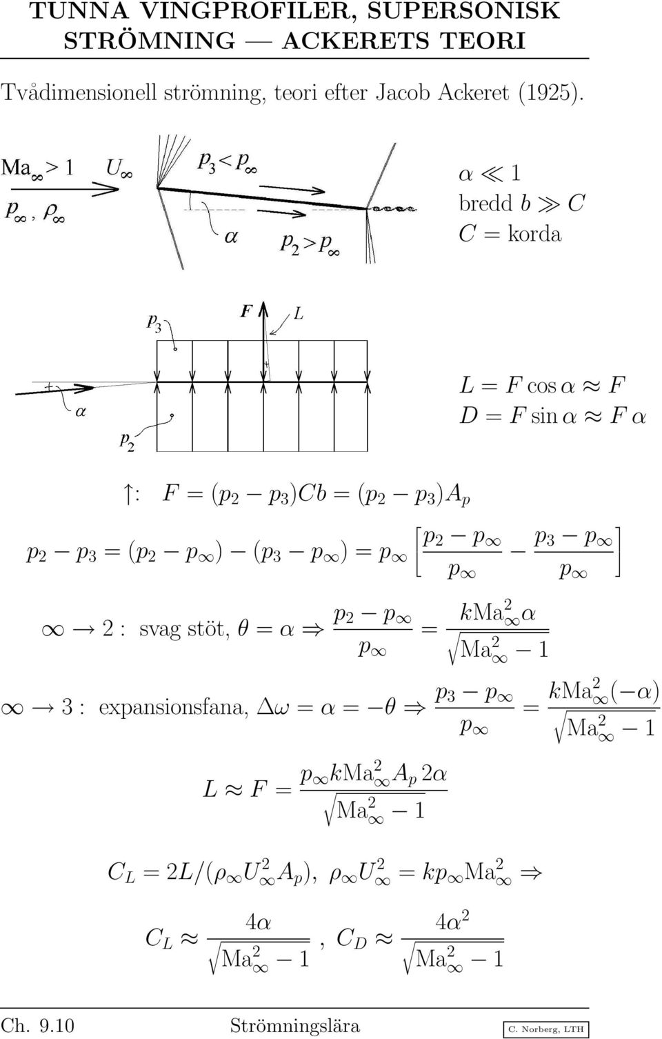 p p p 3 p p 2 : svag stöt, θ = α p 2 p p = kma2 α Ma 2 1 3 : expansionsfana, ω = α = θ p 3 p p L F = p kma 2 A p 2α Ma 2 1