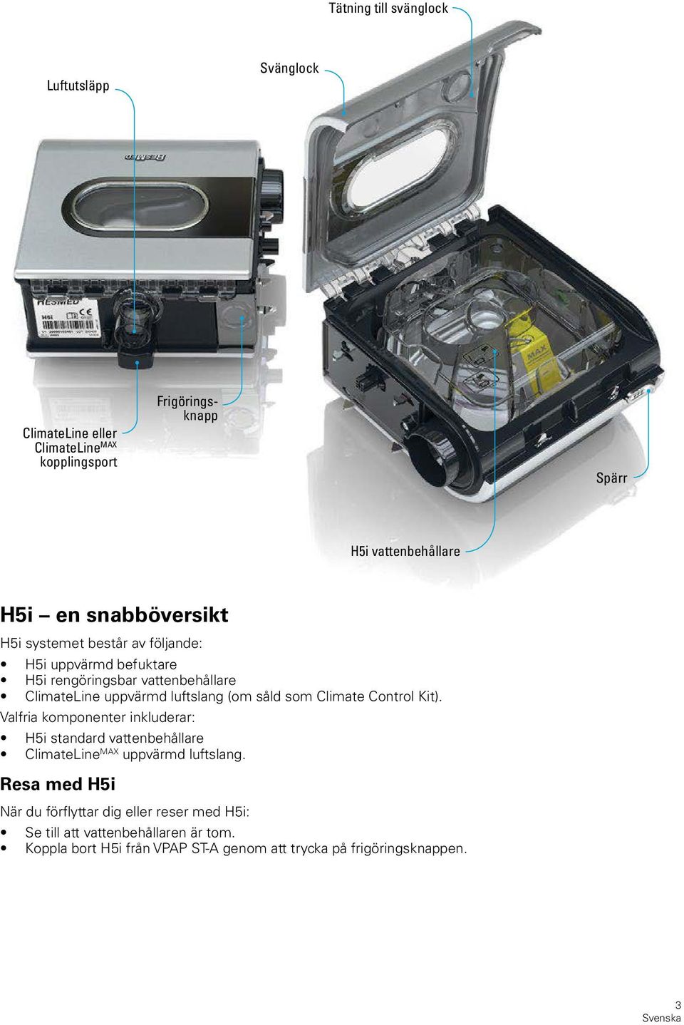 som Climate Control Kit). Valfria komponenter inkluderar: H5i standard vattenbehållare ClimateLine MAX uppvärmd luftslang.