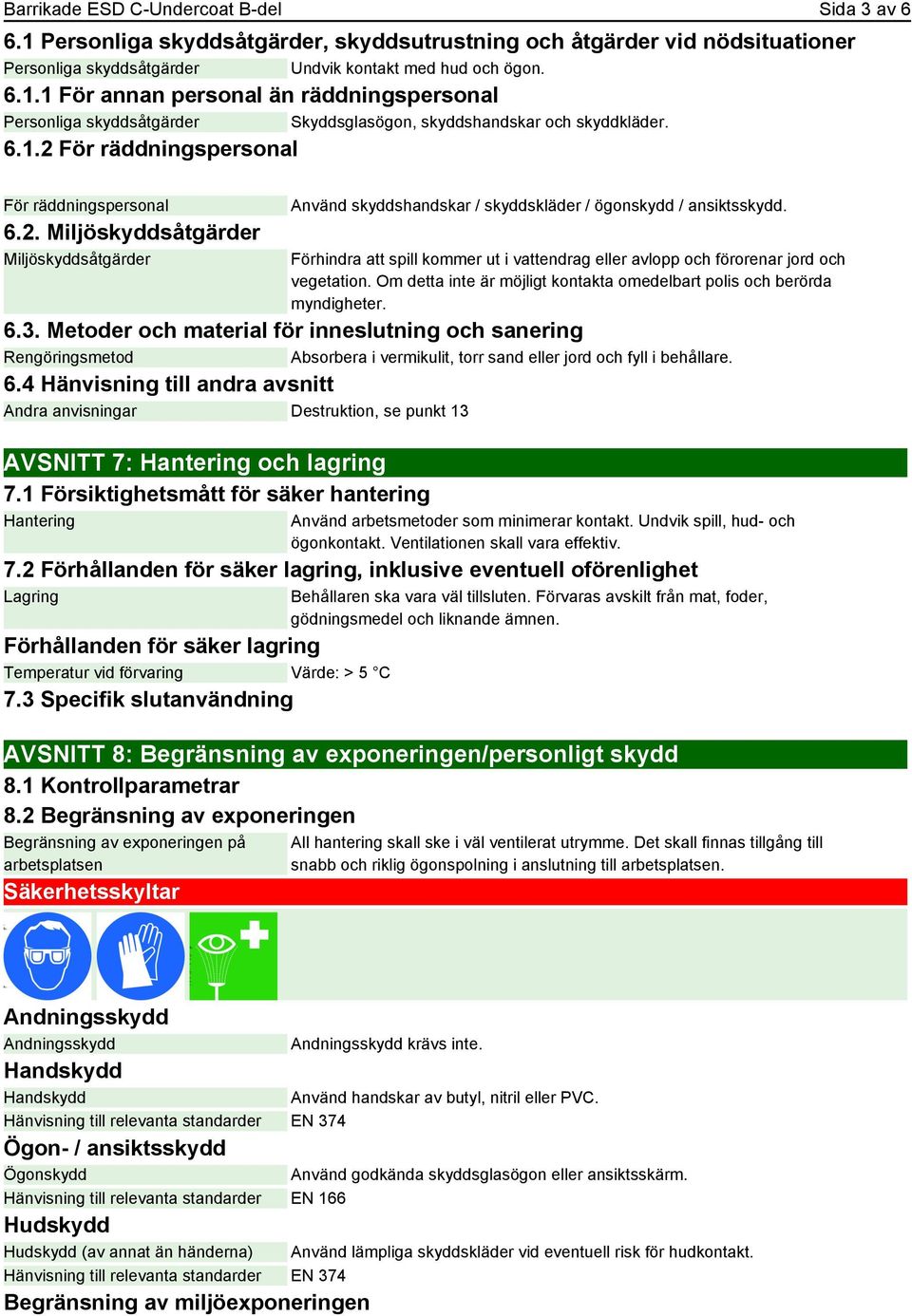 Förhindra att spill kommer ut i vattendrag eller avlopp och förorenar jord och vegetation. Om detta inte är möjligt kontakta omedelbart polis och berörda myndigheter. 6.3.