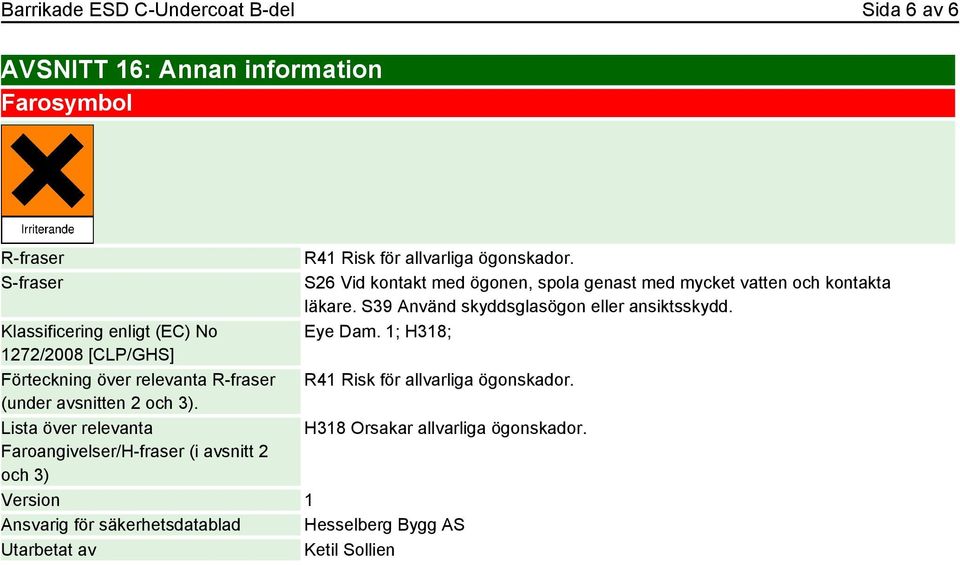 Lista över relevanta Faroangivelser/H-fraser (i avsnitt 2 och 3) R41 Risk för allvarliga ögonskador.