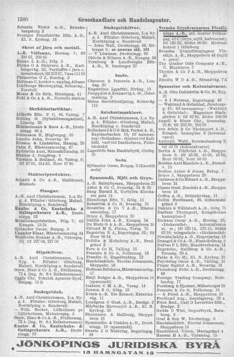 upplag,albani:> Lindbergs Skrotupplag, Solnaväg., Norrtull Moser & Co Erik, Helsingeg. 41 Pohl &. Co A A. B., Nortulls station SkrädderiartlkIar. Althotts Eftr. P C, St. Vattug.