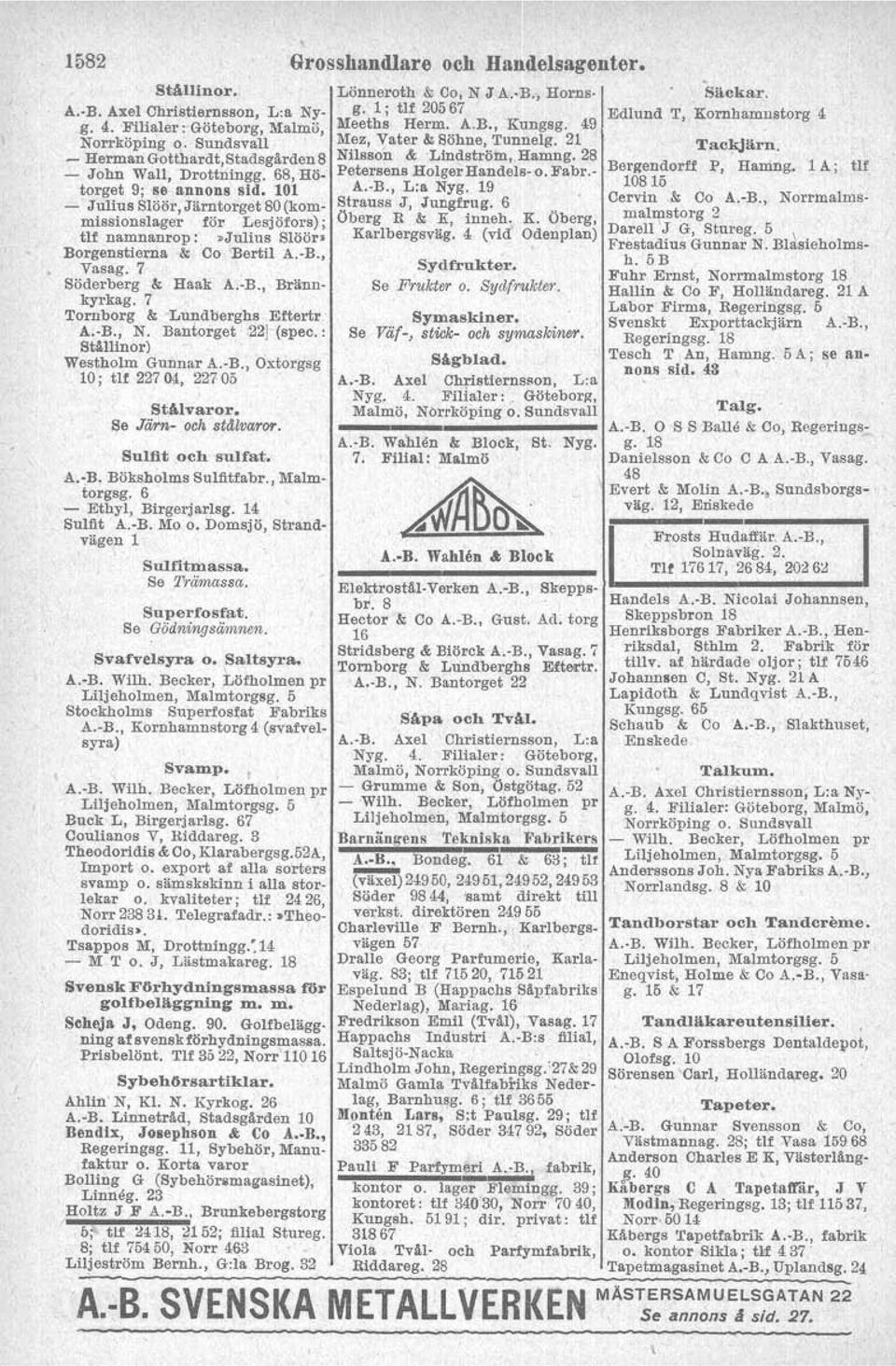 7 Tornborg & Lundberghs Eftertr A.-B., N. Bantorget 122J(spec.: Ställlnor) Westholm Gunnar A.-B., Oxtorgsg 10; tu 22704, 227 05 Stålvaror. Se Järn- och stdlvaror. Sulfit och sulfat. A.,B.