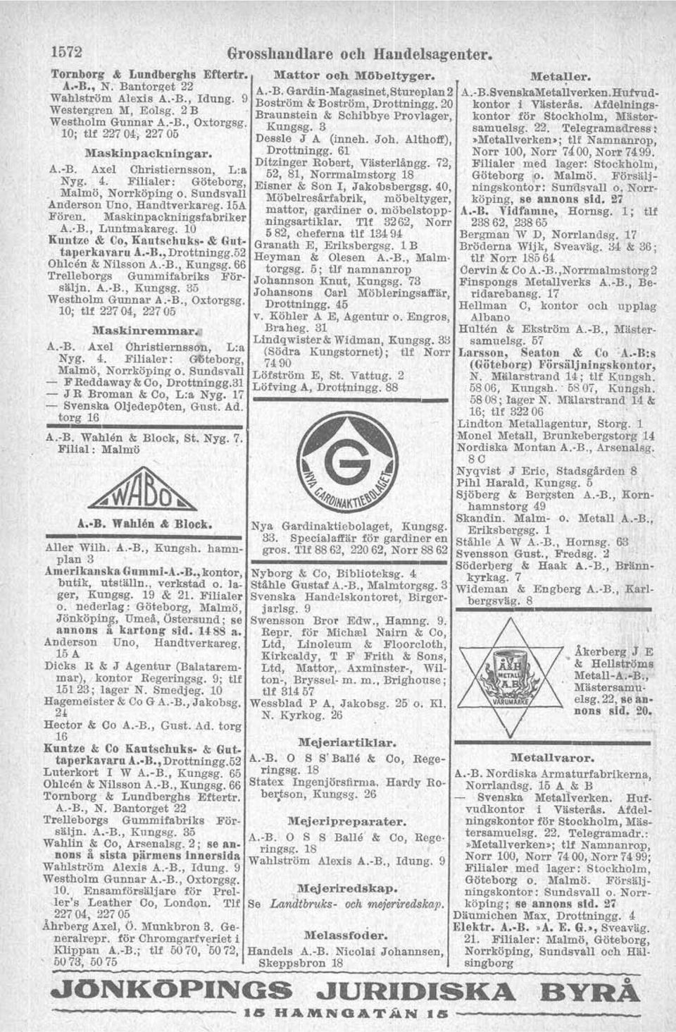 B., Luntmakareg. 10 Runtze & Co, Kautschuks- & Guttaperkavaru l B.,Drottningg.52 Ohlcen,& Nilsson A.-B., Kungsg.66 Trelleborgs Gummifabriks Försäljn. A.-B., Kungsg. 35 Westholm Gunnar A.-B., Oxtorgsg.