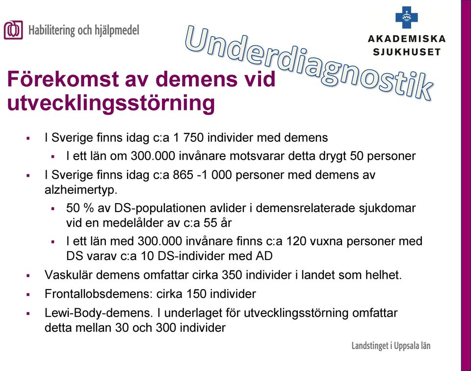 50 % av DS-populationen avlider i demensrelaterade sjukdomar vid en medelålder av c:a 55 år I ett län med 300.