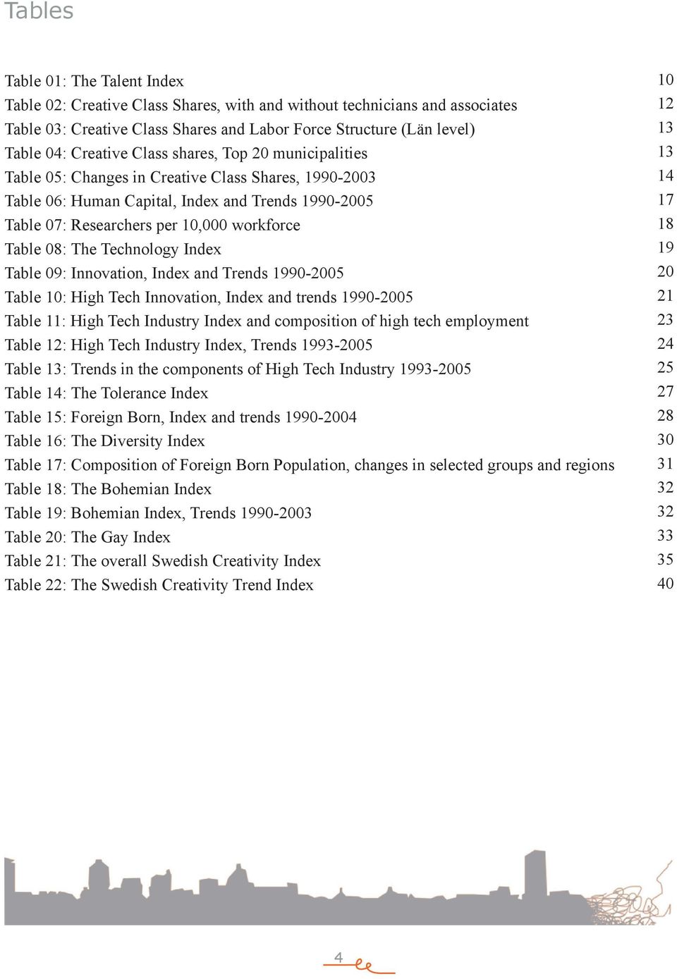 Technology Index Table 09: Innovation, Index and Trends 1990-2005 Table 10: High Tech Innovation, Index and trends 1990-2005 Table 11: High Tech Industry Index and composition of high tech employment