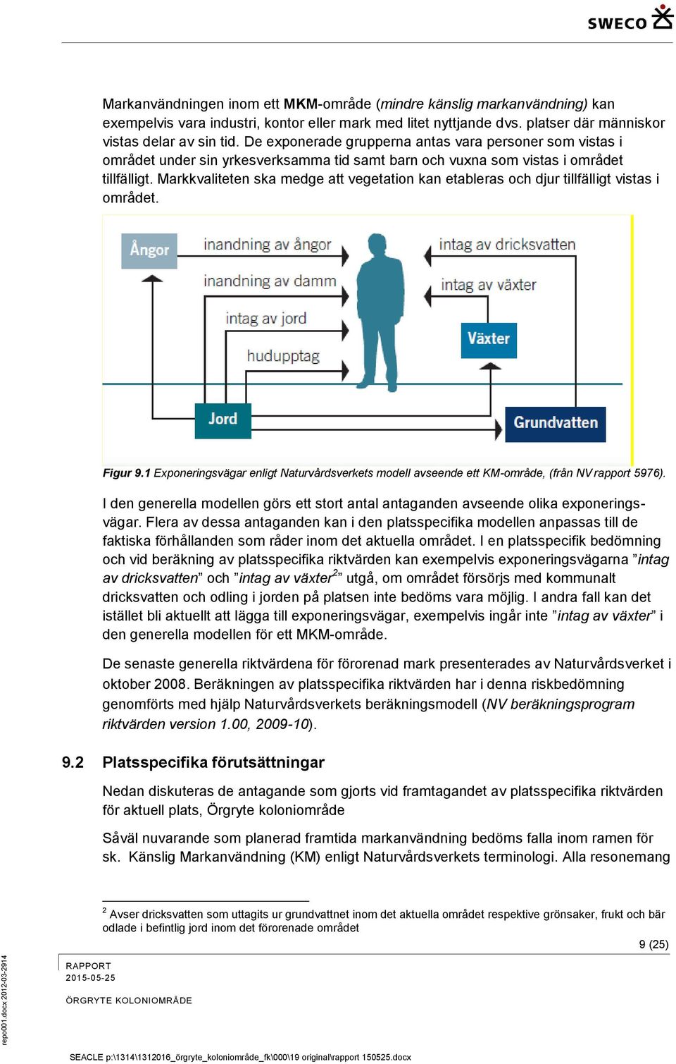 Markkvaliteten ska medge att vegetation kan etableras och djur tillfälligt vistas i området. Figur 9.1 Exponeringsvägar enligt Naturvårdsverkets modell avseende ett KM-område, (från NV rapport 5976).