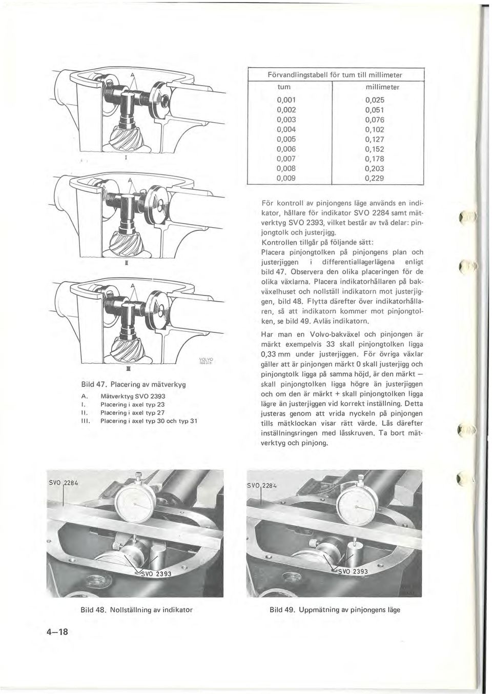 Placering i axel typ 30 och typ 31 För kontroll av pinjongens läge' används en indikator, hållare för indikator SVO 2284 samt mätverktyg SVO 2393, vilket består av två delar: pinjongtolk och