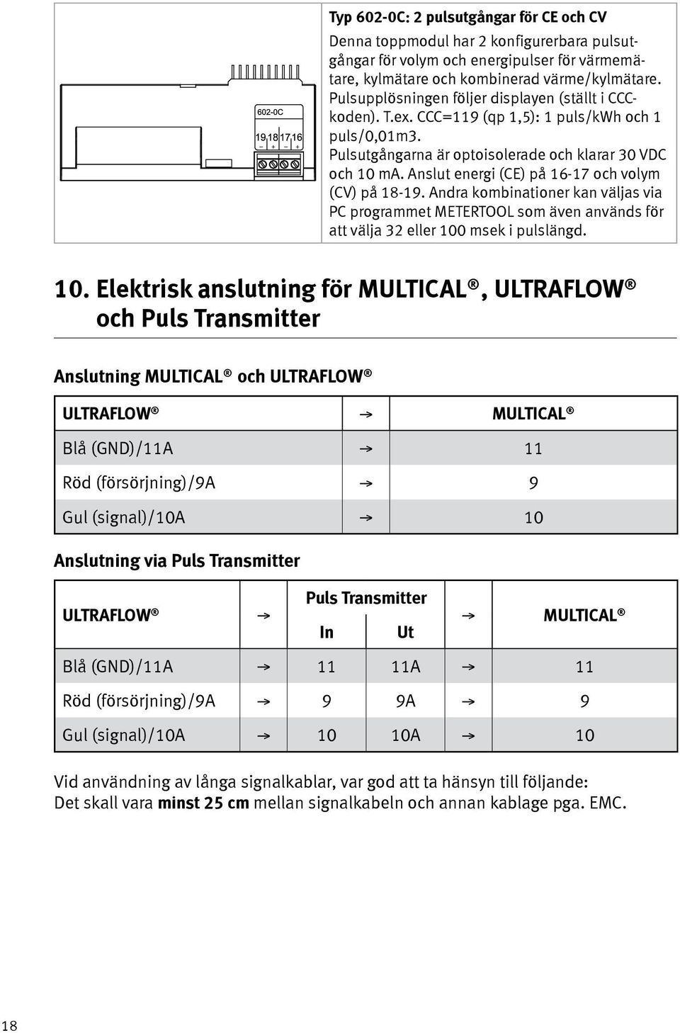 Anslut energi (CE) på 16-17 och volym (CV) på 18-19. Andra kombinationer kan väljas via PC programmet METERTOOL som även används för att välja 32 eller 100