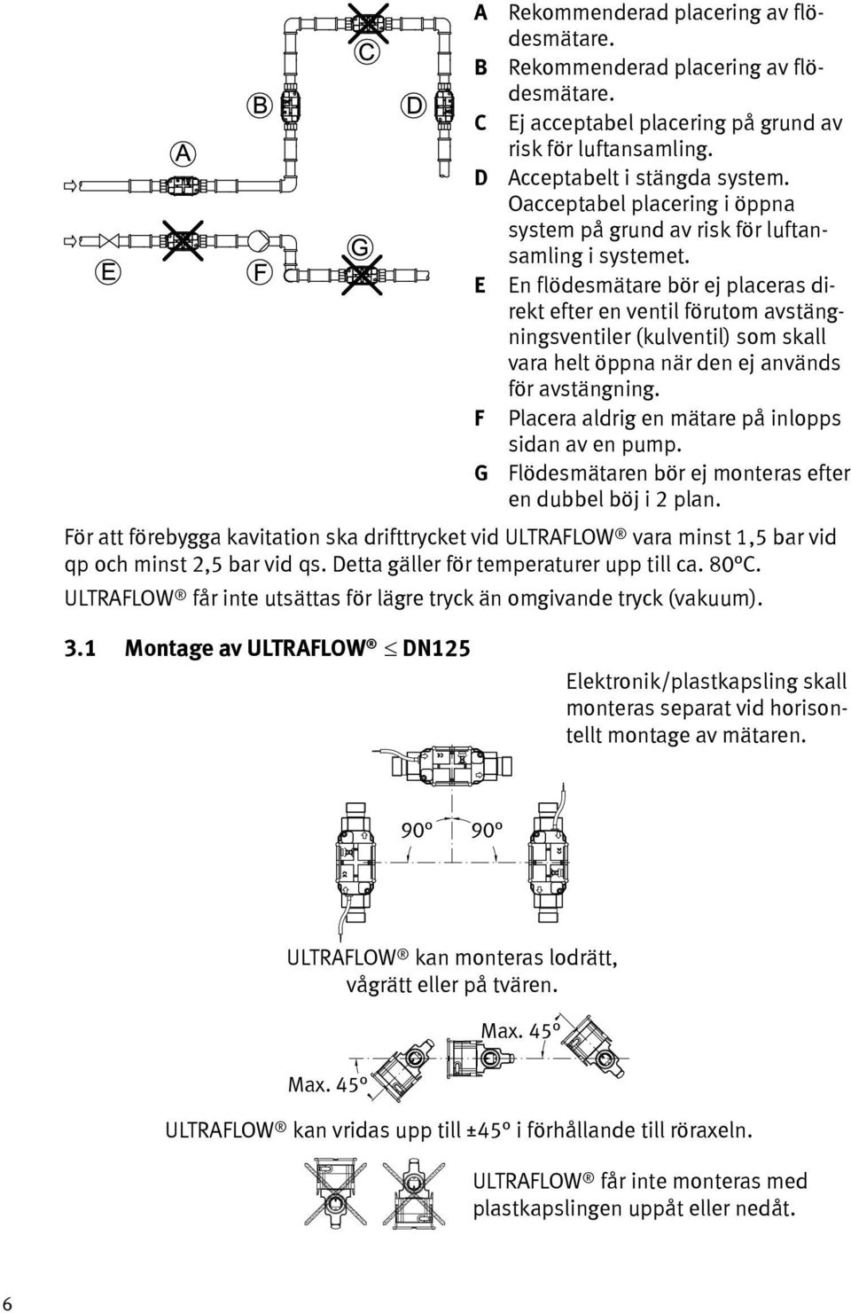 E En flödesmätare bör ej placeras direkt efter en ventil förutom avstängningsventiler (kulventil) som skall vara helt öppna när den ej används för avstängning.