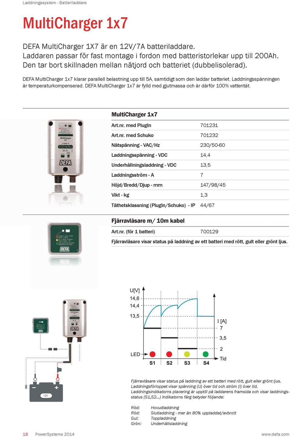 Laddningsspänningen är temperaturkompenserad. DEFA MultiCharger 1x7 är fylld med gjutmassa och är därför 100% vattentät. MultiCharger 1x7 Art.nr.