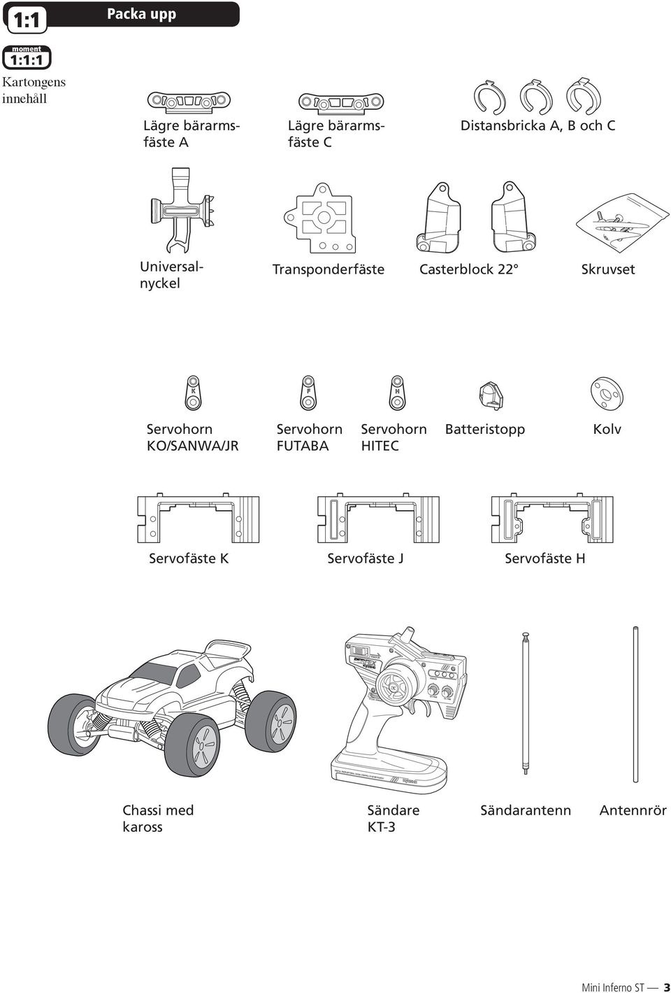 Distansbricka A, B och C Universalnyckel Transponderfäste Casterblock Skruvset Servohorn KO/SANWA/JR Servohorn