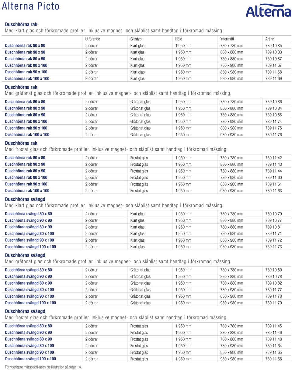 Duschhörna rak 80 x 90 2 dörrar Klart glas 1 950 mm 780 x 880 mm 739 10 87 Duschhörna rak 80 x 100 2 dörrar Klart glas 1 950 mm 780 x 980 mm 739 11 67 Duschhörna rak 90 x 100 2 dörrar Klart glas 1