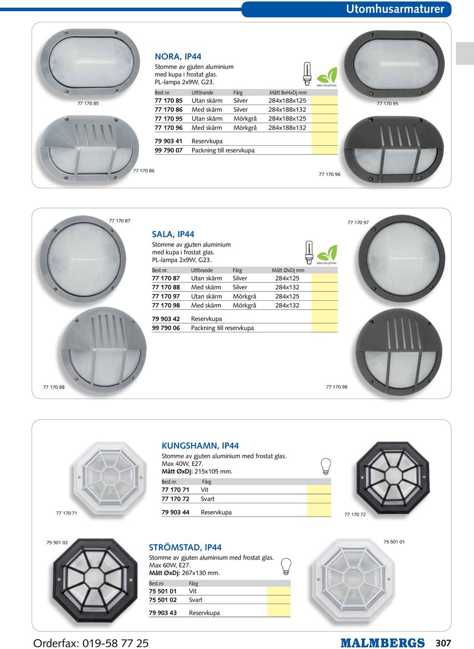 903 41 Reservkupa 99 790 07 Packning till reservkupa 77 170 86 77 170 96 77 170 87 77 170 97 sala, IP44 Stoe av gjuten aluminium med kupa i frostat glas. PL-lampa 2x9, G23.