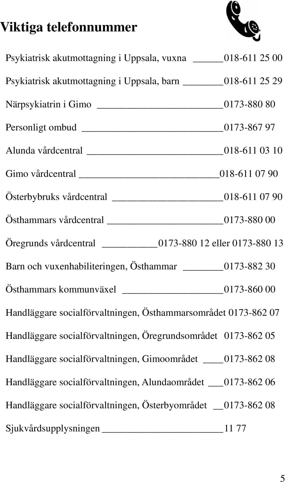 vuxenhabiliteringen, Östhammar 0173-882 30 Östhammars kommunväxel 0173-860 00 Handläggare socialförvaltningen, Östhammarsområdet 0173-862 07 Handläggare socialförvaltningen, Öregrundsområdet 0173-862