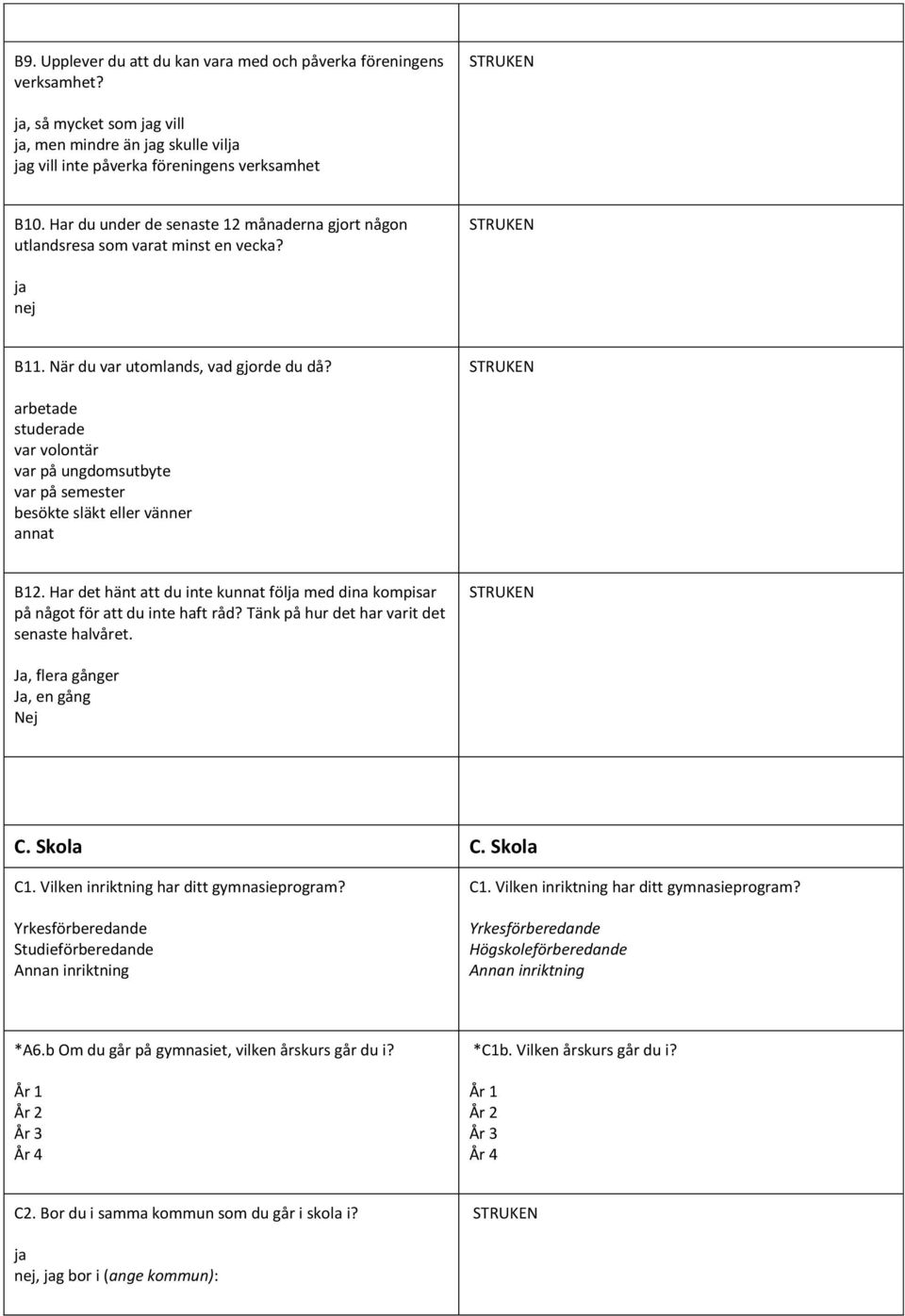 arbetade studerade var volontär var på ungdomsutbyte var på semester besökte släkt eller vänner B12. Har det hänt att du inte kunnat föl med dina kompisar på något för att du inte haft råd?