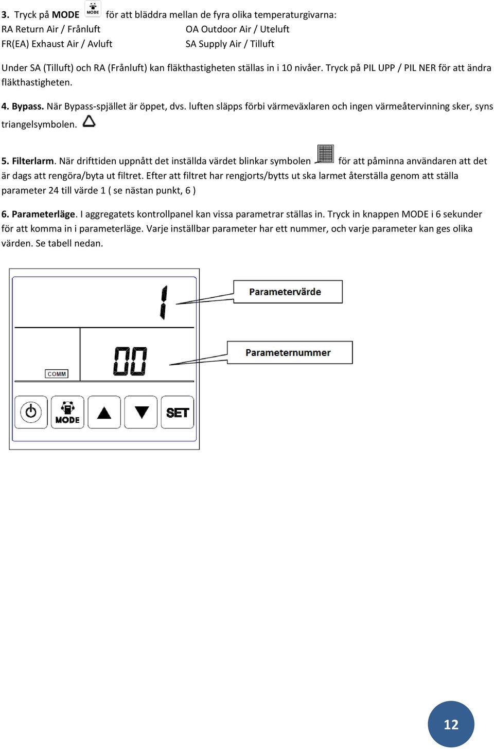 luften släpps förbi värmeväxlaren och ingen värmeåtervinning sker, syns triangelsymbolen. 5. Filterlarm.