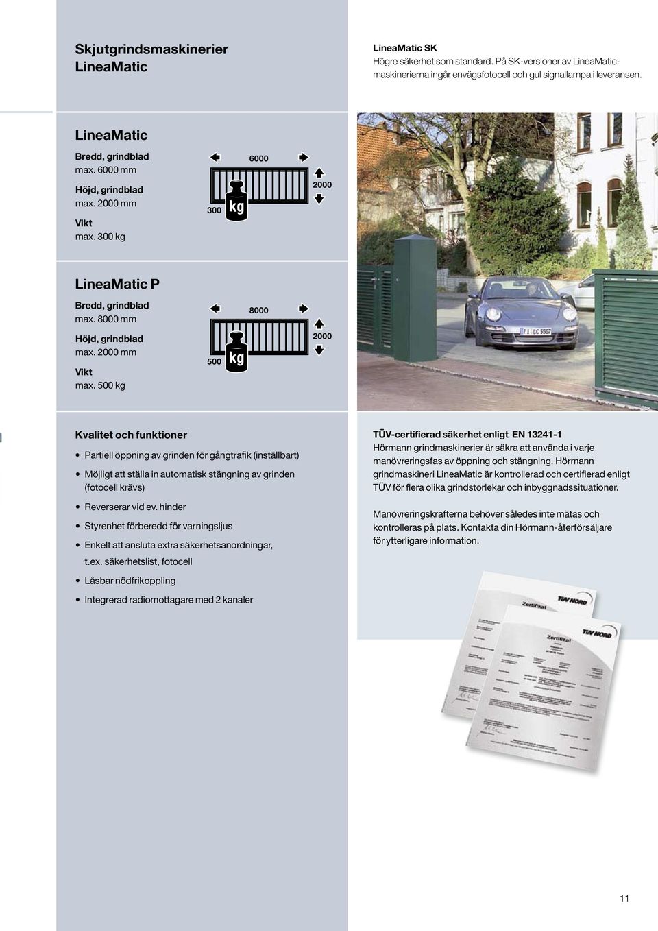 300 kg 300 6000 2000 LineaMatic P Bredd, grindblad max. 8000 mm Höjd, grindblad max. 2000 mm Vikt max.