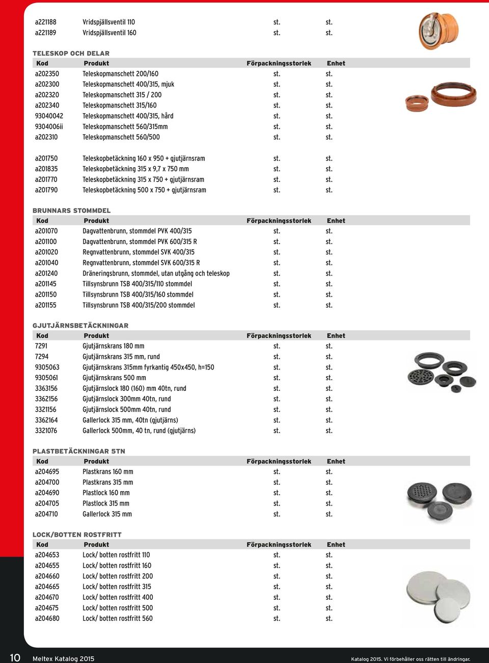 st. a201835 Teleskopbetäckning 315 x 9,7 x 750 mm st. st. a201770 Teleskopbetäckning 315 x 750 + gjutjärnsram st. st. a201790 Teleskopbetäckning 500 x 750 + gjutjärnsram st. st. BRUNNARS STOMMDEL a201070 Dagvattenbrunn, stommdel PVK 400/315 st.