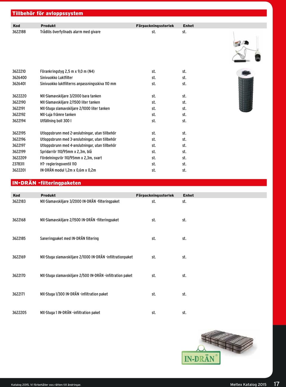 st. 3622194 Utfällning boll 300 l st. st. 3622195 Utloppsbrunn med 2-anslutningar, utan tillbehör st. st. 3622196 Utloppsbrunn med 3-anslutningar, utan tillbehör st. st. 3622197 Utloppsbrunn med 4-anslutningar, utan tillbehör st.