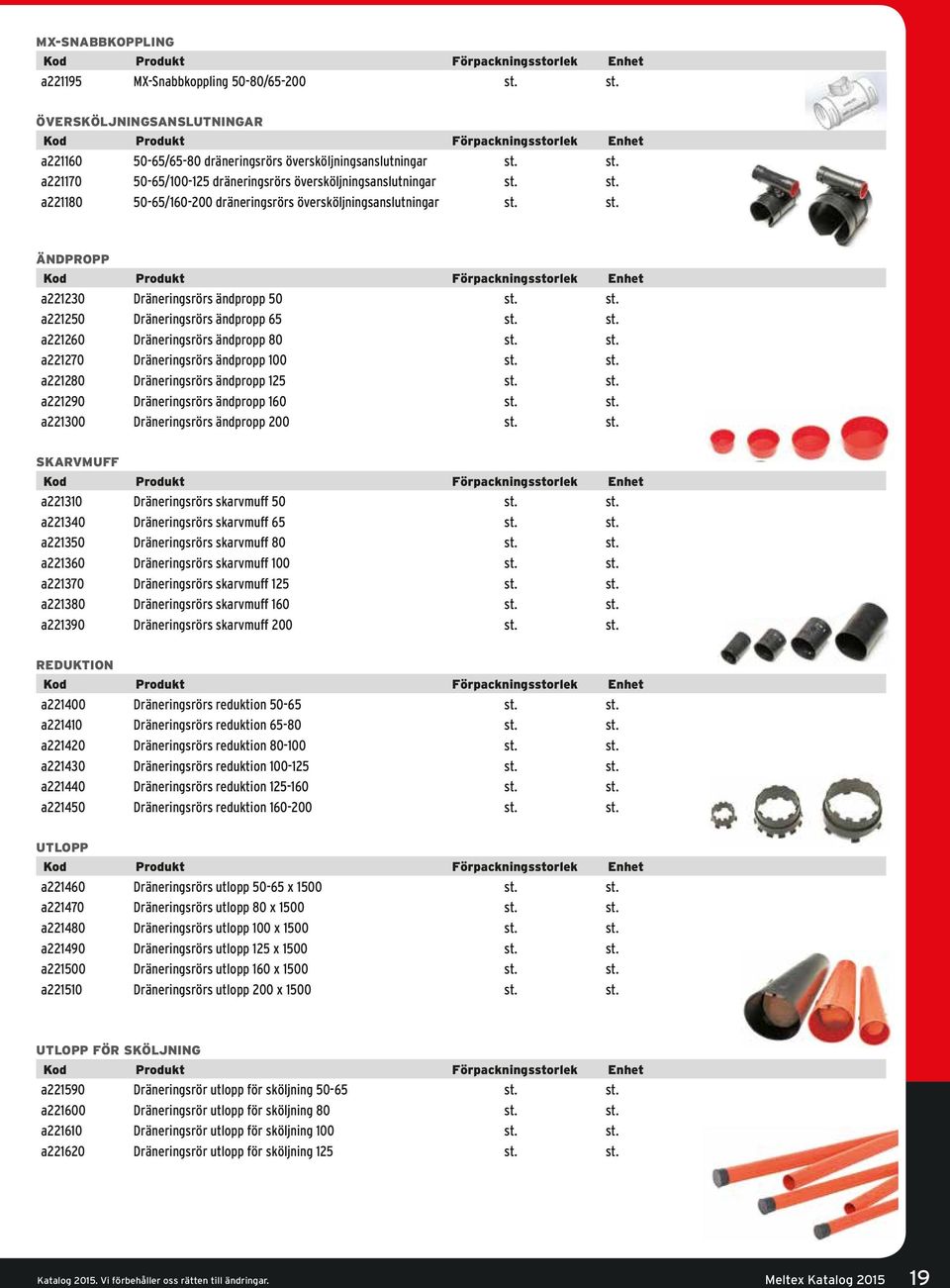 st. a221270 Dräneringsrörs ändpropp 100 st. st. a221280 Dräneringsrörs ändpropp 125 st. st. a221290 Dräneringsrörs ändpropp 160 st. st. a221300 Dräneringsrörs ändpropp 200 st. st. SKARVMUFF a221310 Dräneringsrörs skarvmuff 50 st.